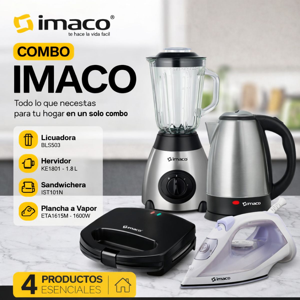 IMACO - COMBO IMACO LICUADORA + HERVIDOR + SANDWICHERA + PLANCHA