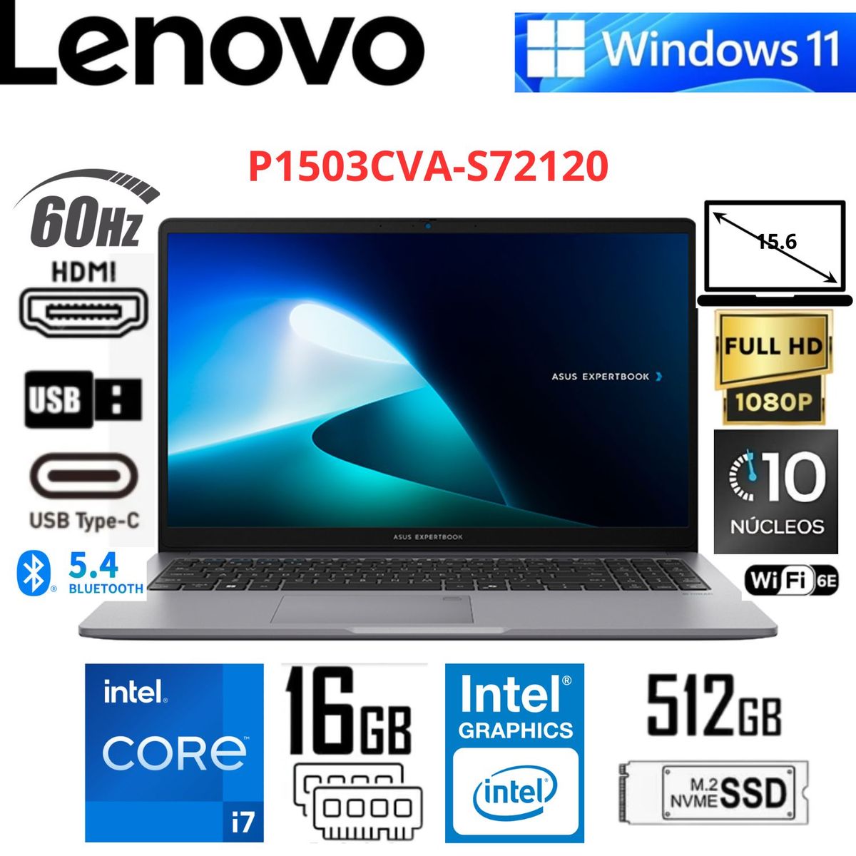 LENOVO - Laptop ASUS ExpertBook P1 Gris Brumoso 15.6" FHD Intel Core 7 240H 16GB RAM 512GB SSD