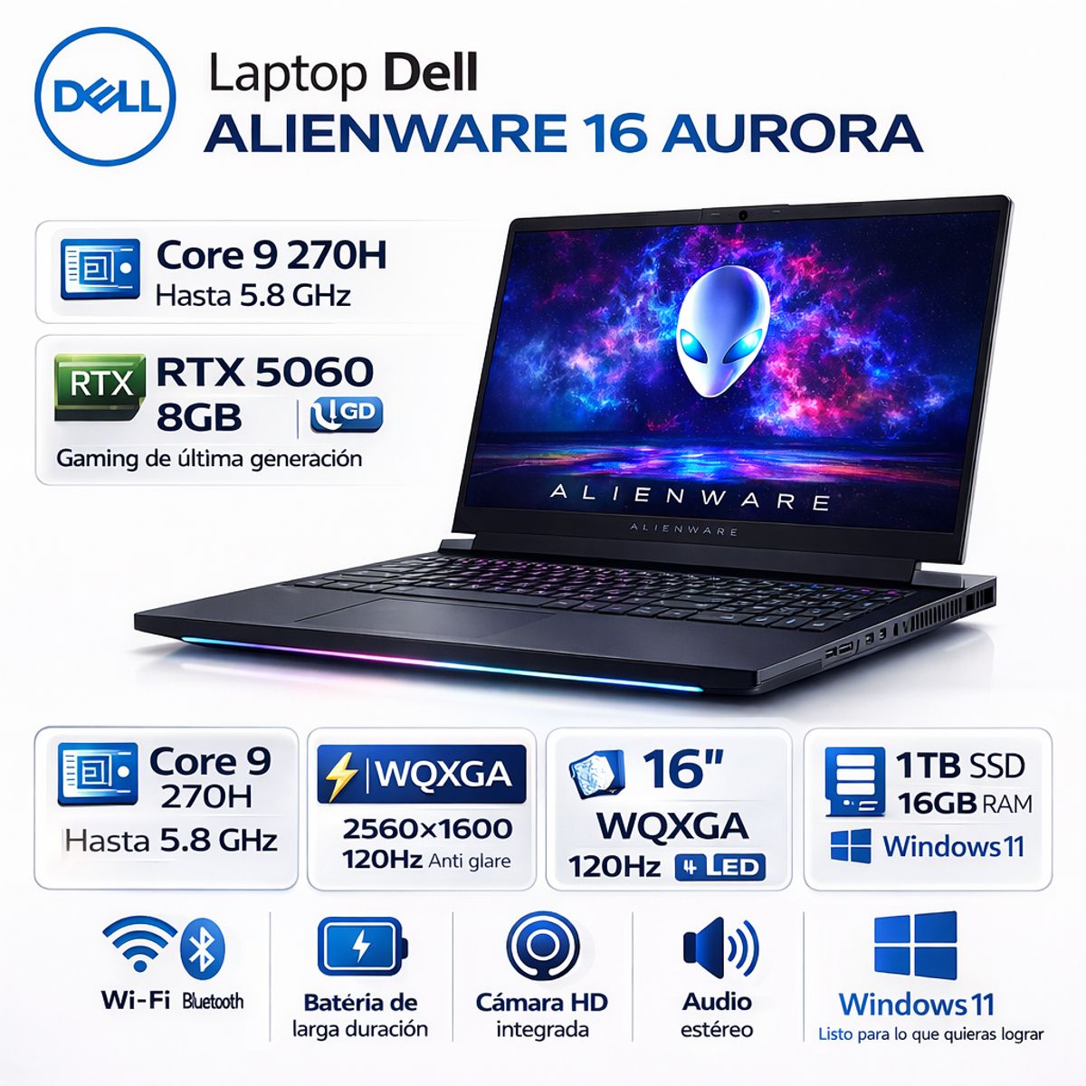 DELL - Laptop Dell Alienware 16 Aurora 16″ WQXGA 120Hz Intel Core 9 270H 16GB RAM 1TB SSD RTX 5060 8GB W11