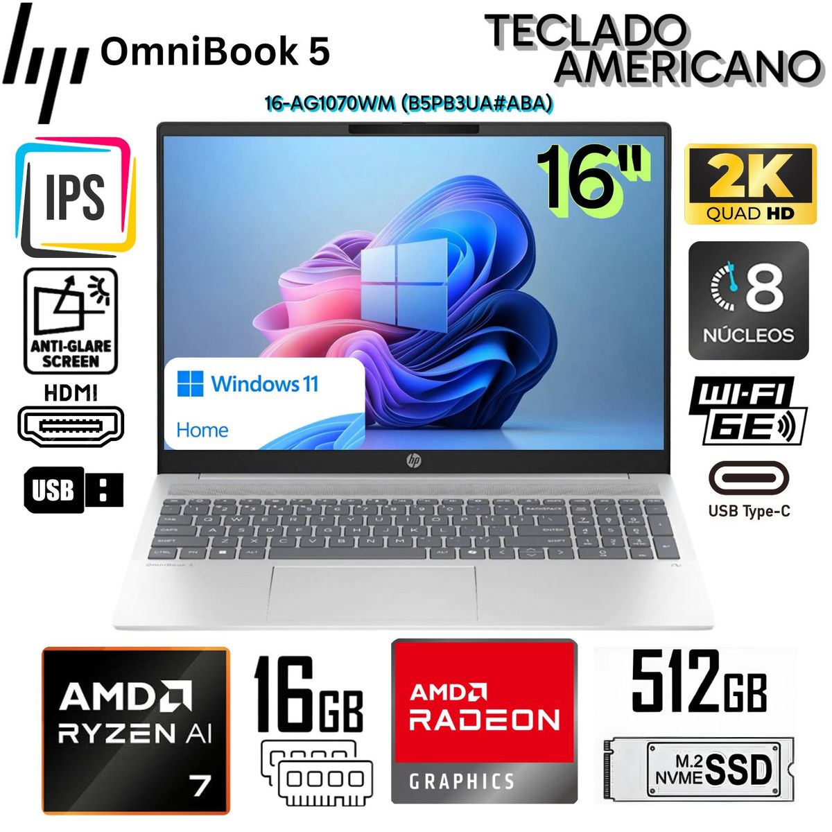 HP - Laptop HP Omnibook 5 16-AG1070WM AMD Ryzen AI 7 350 16GB RAM 512GB SSD 16" 2K - Glaciar Silver