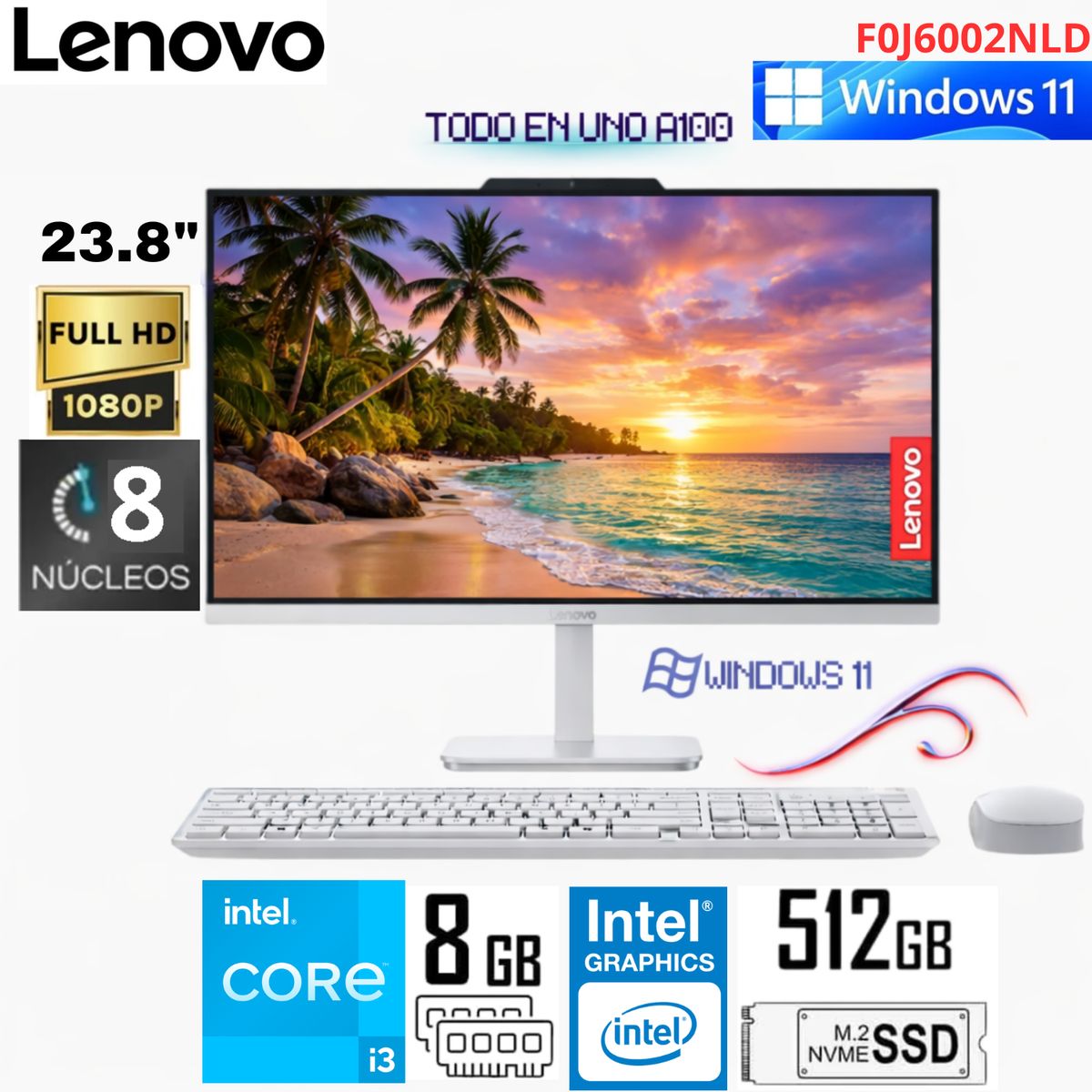 LENOVO - All in One Lenovo A100 Core i3-N305 8GB RAM 512GB SSD Intel® UHD 24 FHD F0J6002NLD