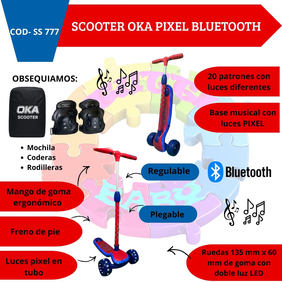 OKA - SCOOTER OKA PIXEL CON LUCES Y BLUETOOTH - INCLUYE KIT DE PROTECCION