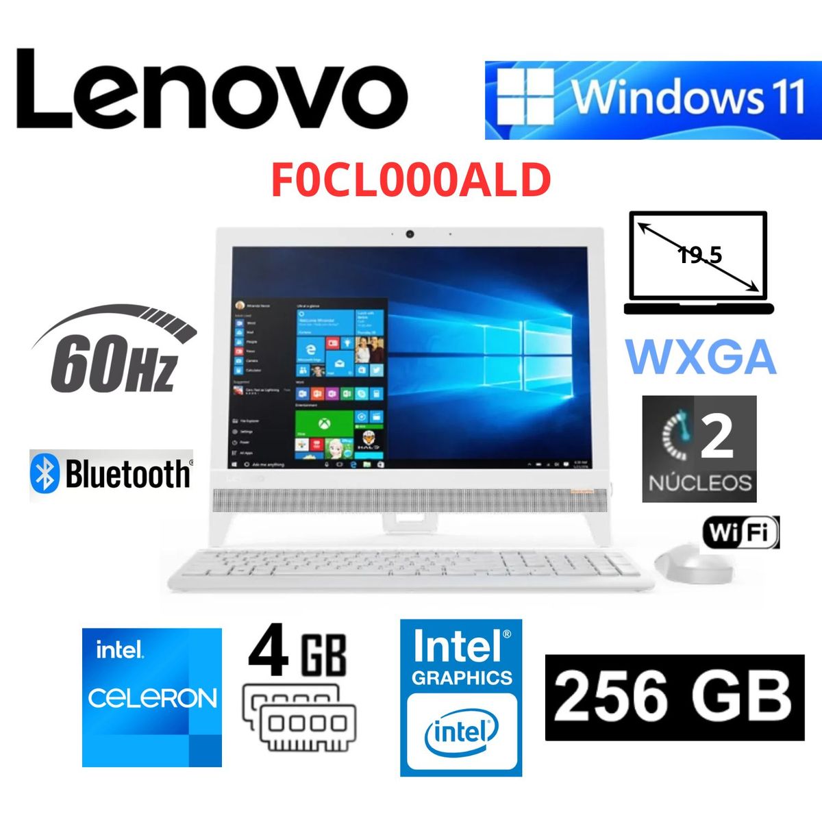 LENOVO - All in One Lenovo F0CL000ALD Blanco 19.5" Intel Celeron J3355 4GB RAM 256GB SSD Windows 11 Home