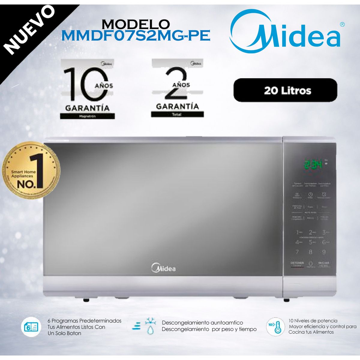 MIDEA - MMDF07S2MG-PE - Horno Microondas 20L Color Gris Puerta Espejo Midea