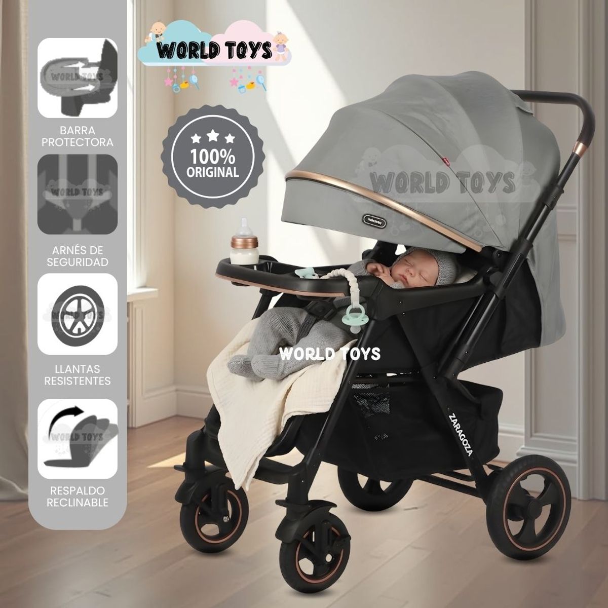 BABY - Coche Cuna de Lujo «ZARAGO» con Mango Reversible Light Gray
