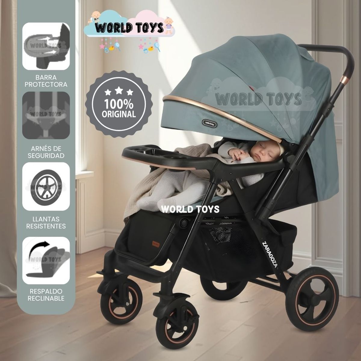 BABY - Coche Cuna de Lujo «ZARAGO» con Mango Reversible Green