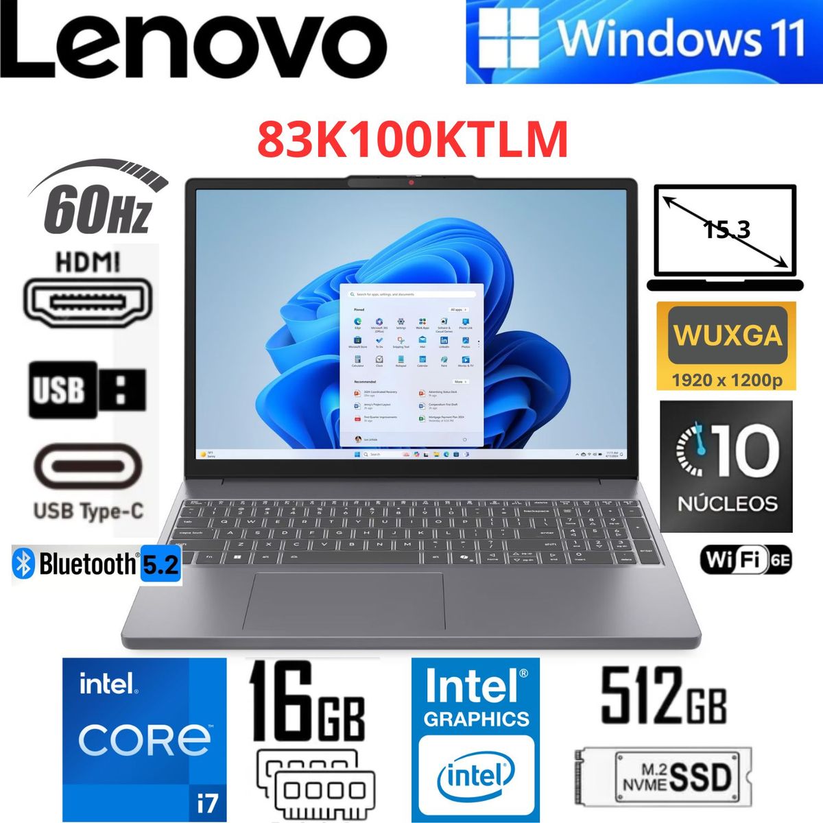 LENOVO - Laptop Lenovo IdeaPad Slim 3 15IRH10 Gris 15.3" WUXGA Intel Core i7-13620H 16GB RAM 512GB SSD