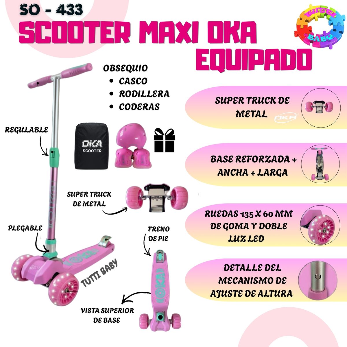 OKA - SCOOTER MAXI OKA EQUIPADO CON CASCO, CODERA Y RODILLERA