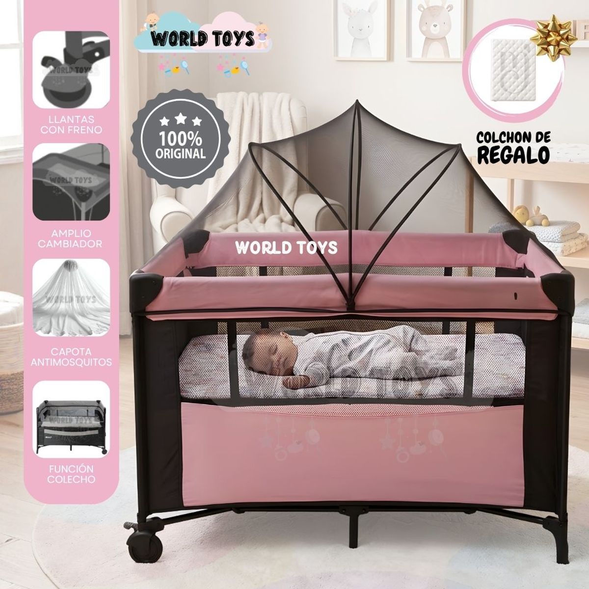 Baby - Cuna Corral de Lujo «ROMI» Pink con Colchón