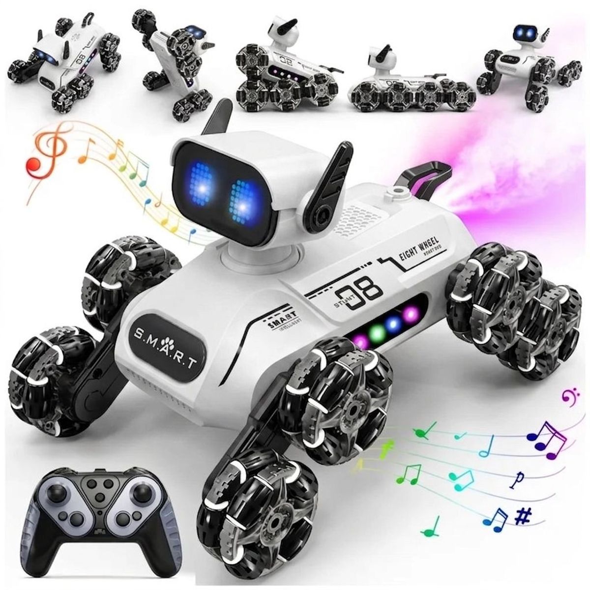 GENERICO - Robot Perro a Control Remoto 8 Ruedas 360° con Luces LED, Musical y Efecto Humo realista