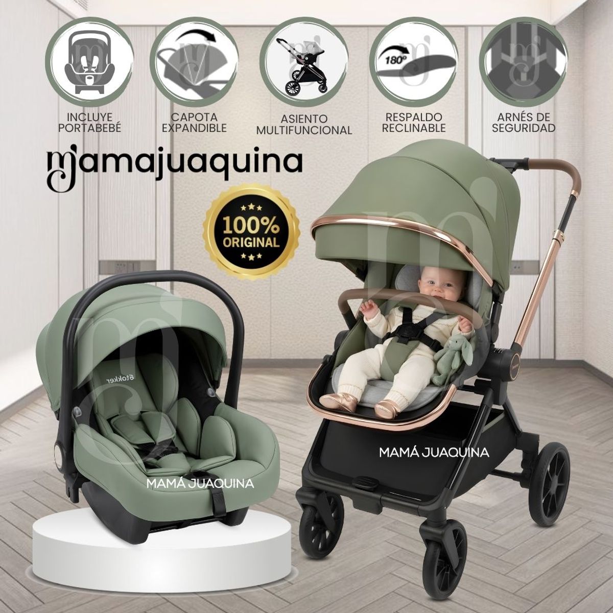 Baby - Coche Moisés Travel System «HELEN MIX» con Porta Bebé Green