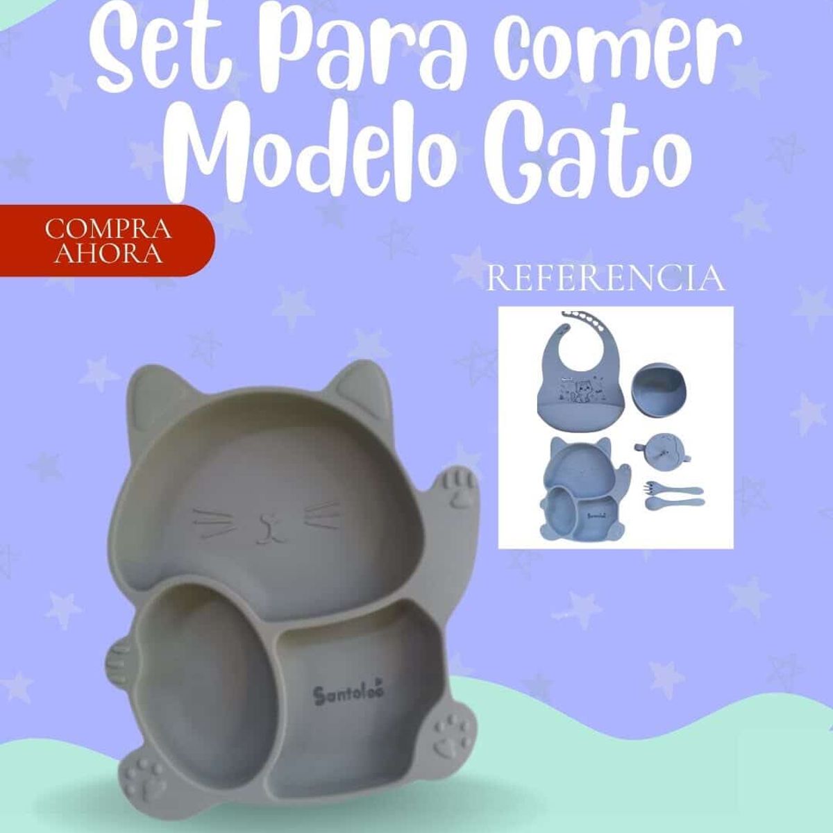 Baby - SET DE BEBÉ PARA COMER - MODELO GATITO COLOR PLOMO - PREMIUN