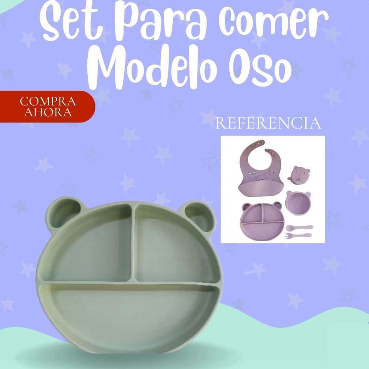 BABY - SET DE BEBÉ PARA COMER - MODELO OSITO COLOR VERDE - PREMIUN
