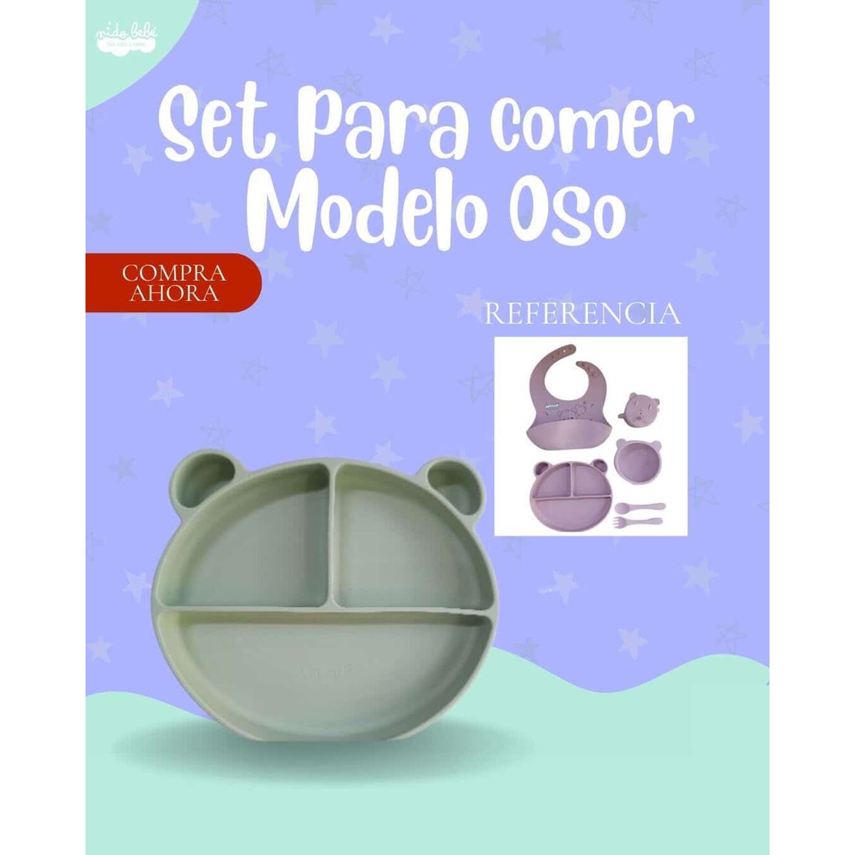 BABY - SET DE BEBÉ PARA COMER - MODELO OSITO COLOR VERDE - PREMIUN