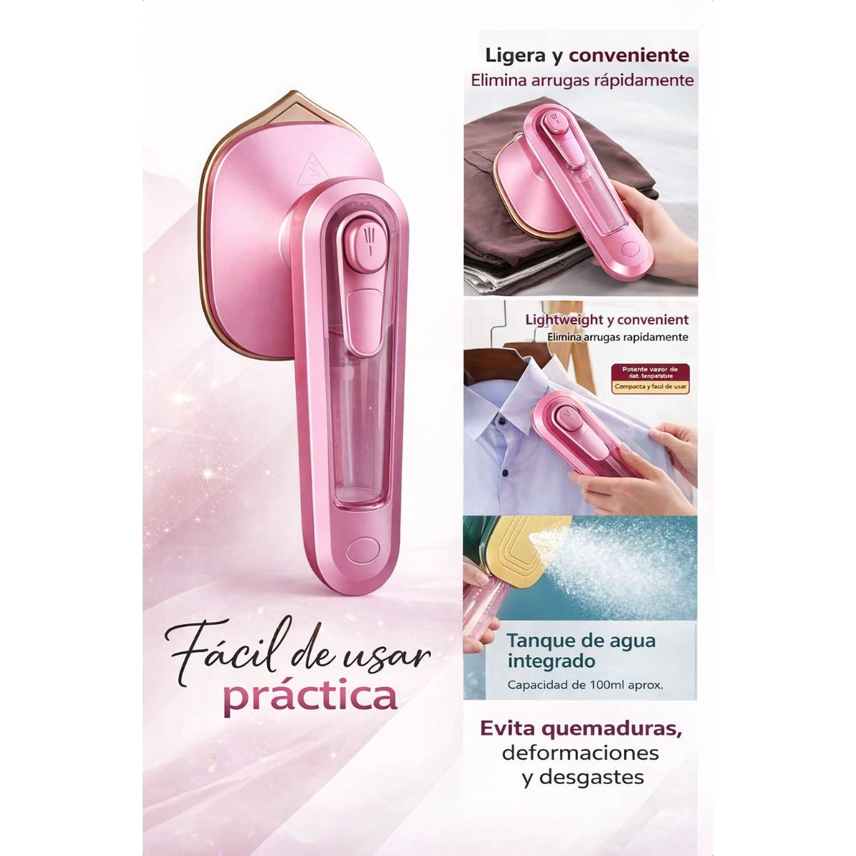GENERICO - Plancha de Viaje Portátil Rosa Vaporizador Rápido para Ropa Delicada