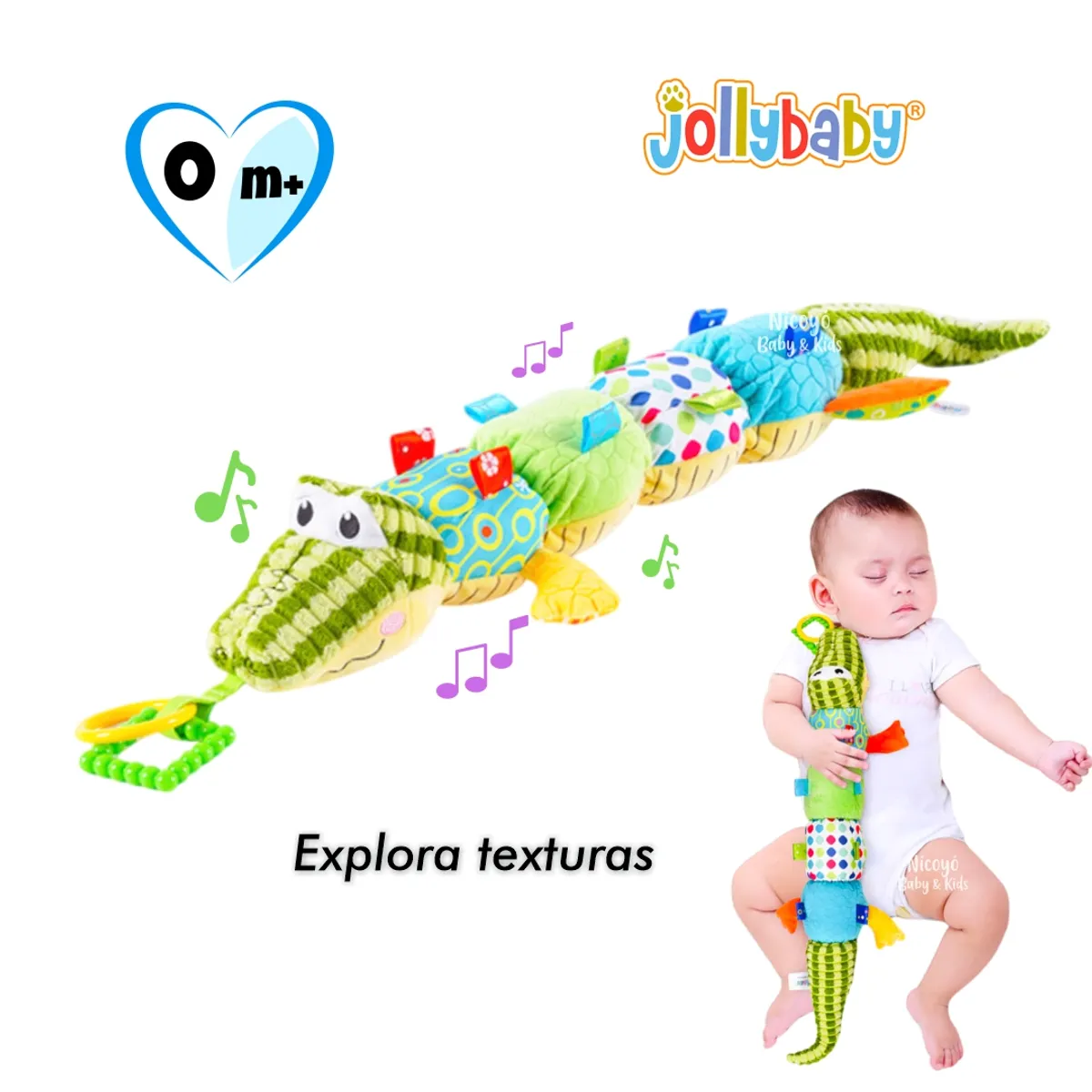 JOLLYBABY - Peluche Sensorial para Bebé 0-12 Meses  Cocodrilo Sonajero con Sonidos y Texturas