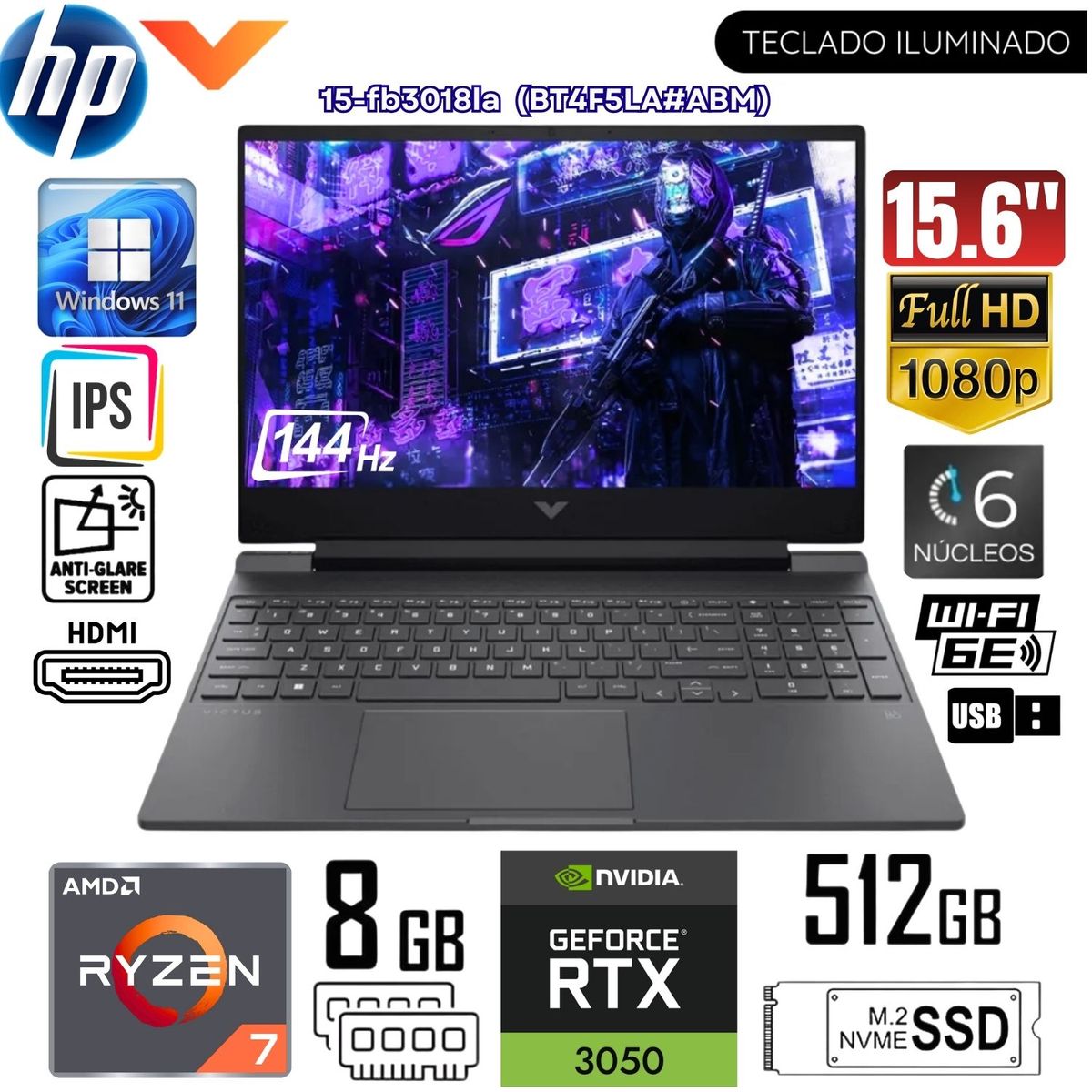 HP - Laptop HP Victus 15-FB3018LA AMD Ryzen 7 7445H 8GB RAM 512GB SSD RTX 3050-6GB 15.6" FHD - 144Hz