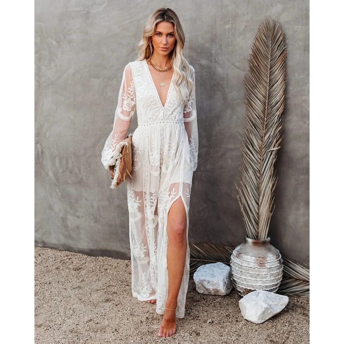 GENERICO - Vestido largo de gasa de manga larga con cuello en V - Vestido Lucero