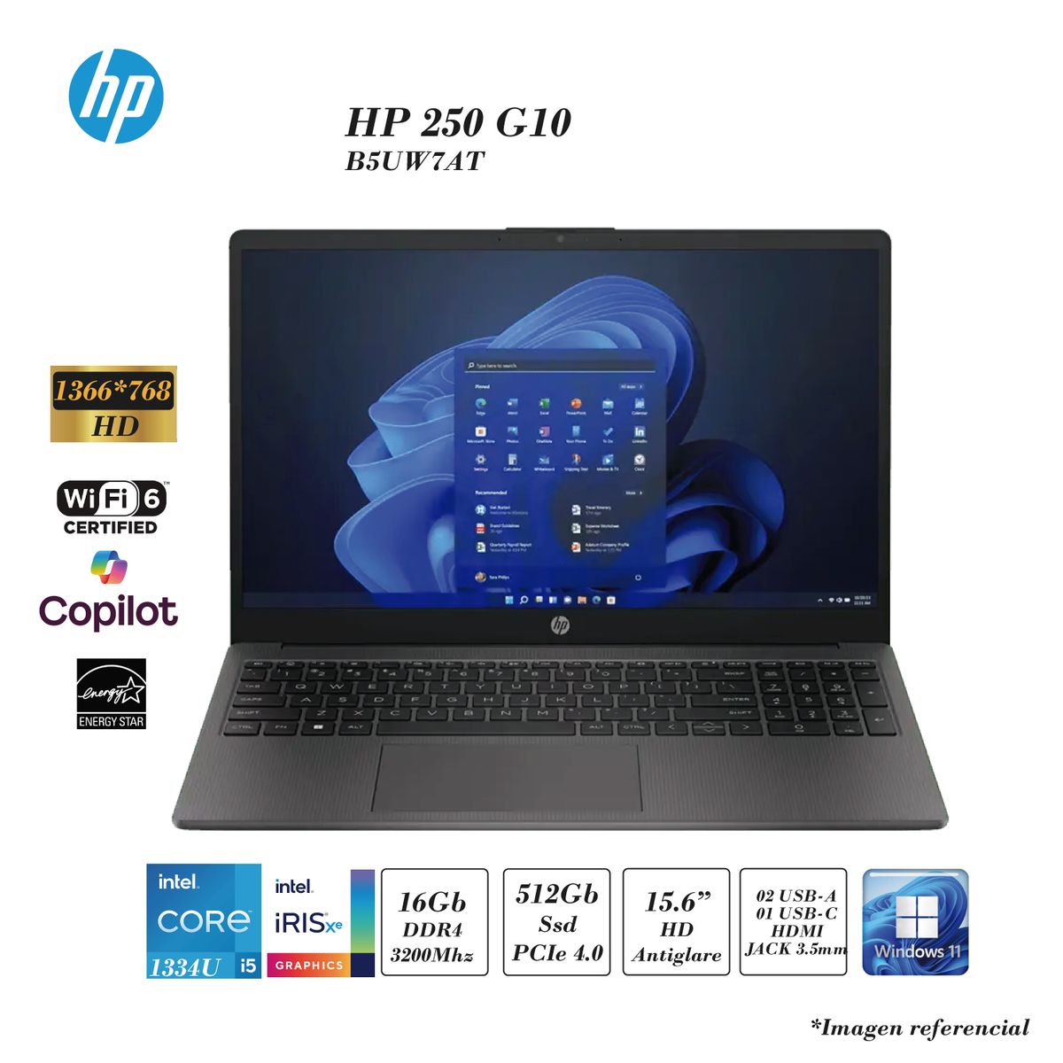 HP - LAPTOP HP 250 G10 INTEL I5-1334U 10N 16GB DRR4 512GB SSD INTEL IRIS XE GRAPHICS 15.6" HD FD