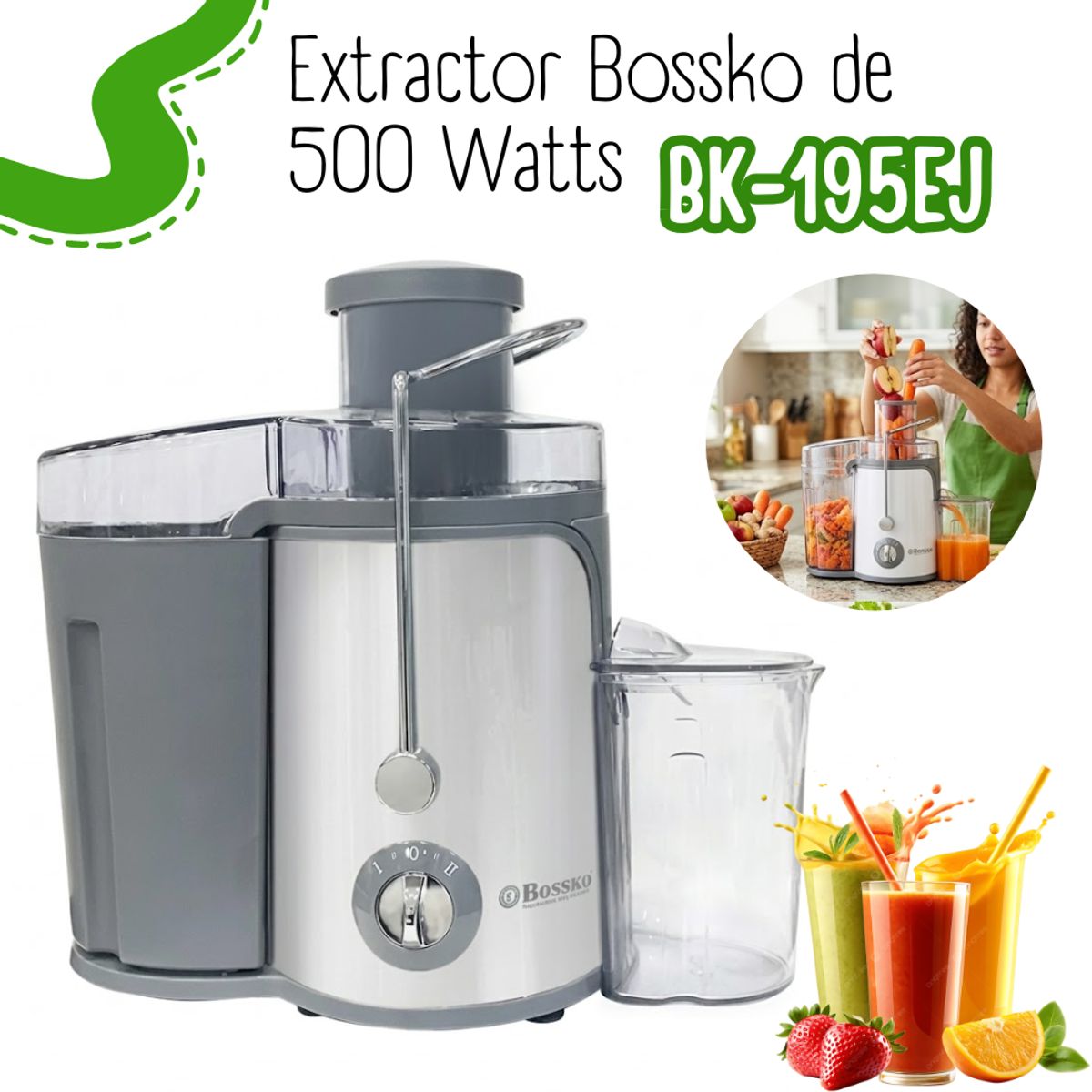 BOSSKO - Extractor De Jugos Bossko de 500 W BK-195EJ PLOMO
