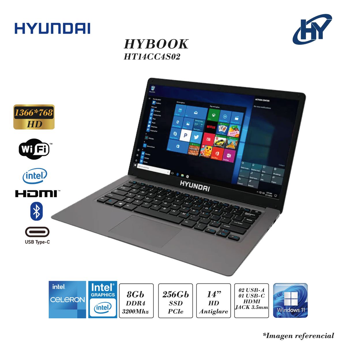 HYUNDAI - LAPTOP HYUNDAI HYBOOK HT14CC4S02 INTEL CELERON N4000 8GB RAM 256GB SSD INTEL UHD 14 HD FD