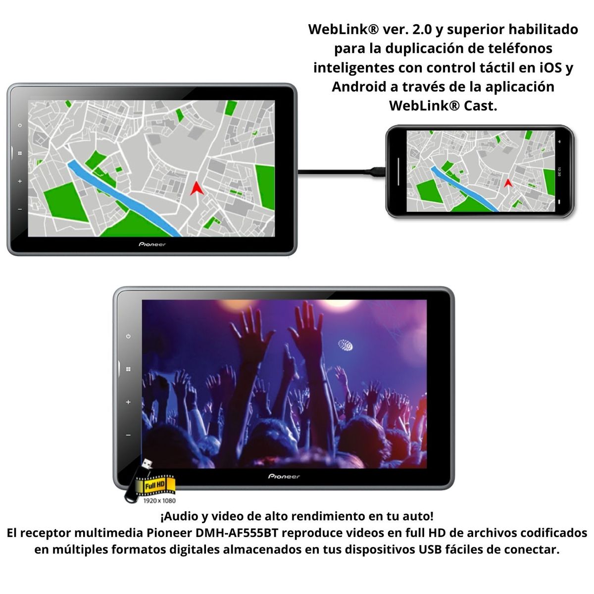 PIONEER - Radio Pantalla Pioneer 9 Pulgadas Touch WebLink Cast DMH-AF555BT Conectividad Total Auto