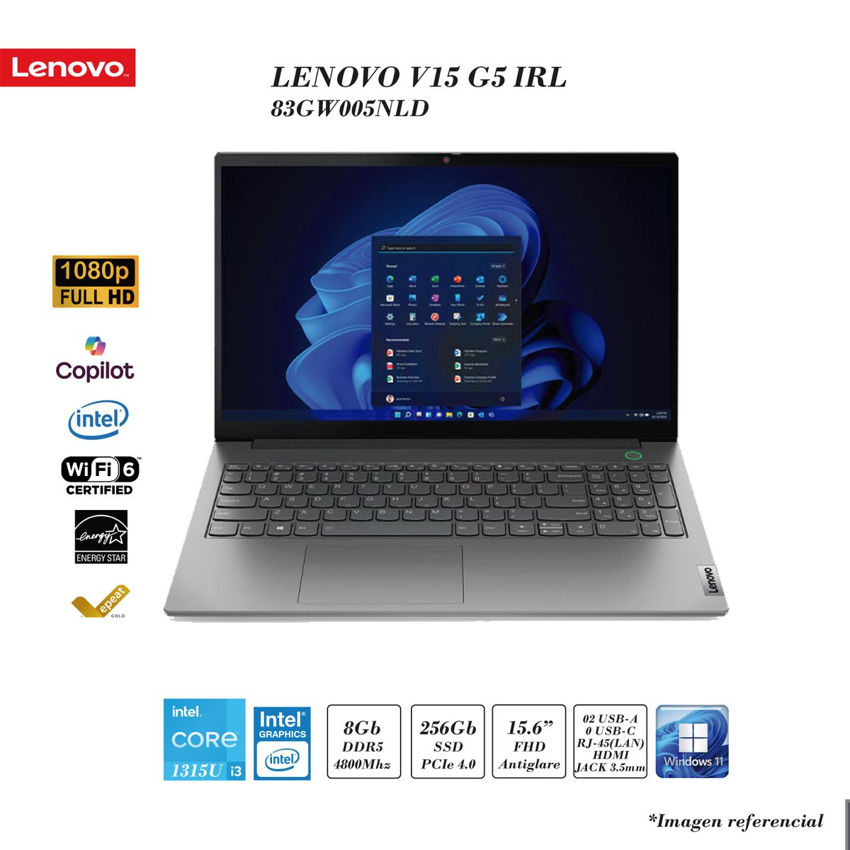 LENOVO - LAPTOP LENOVO V15 G5 INTEL I3-1315U 8GB DDR5 RAM 256GB SSD INTEL UHD 15.6 FHD FD