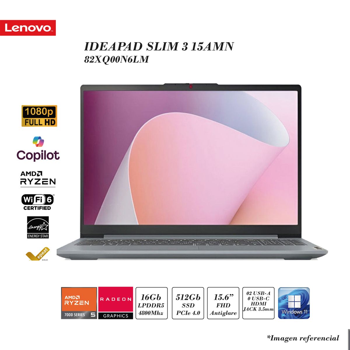 LENOVO - LAPTOP LENOVO IDEAPAD SLIM 3 RYZEN 5-7520U 16GB DDR5 512GB SSD AMD RADEON 15.6 FHD FD