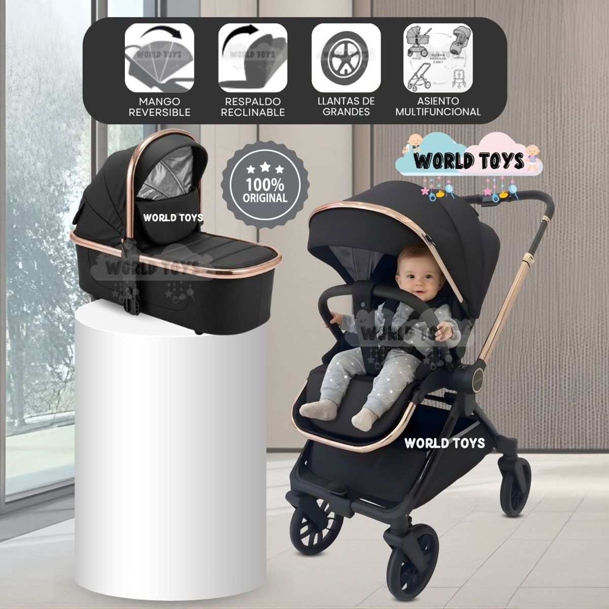 Baby - Coche Moisés Travel System «HELEN DUO» con Sistema Adaptable Black