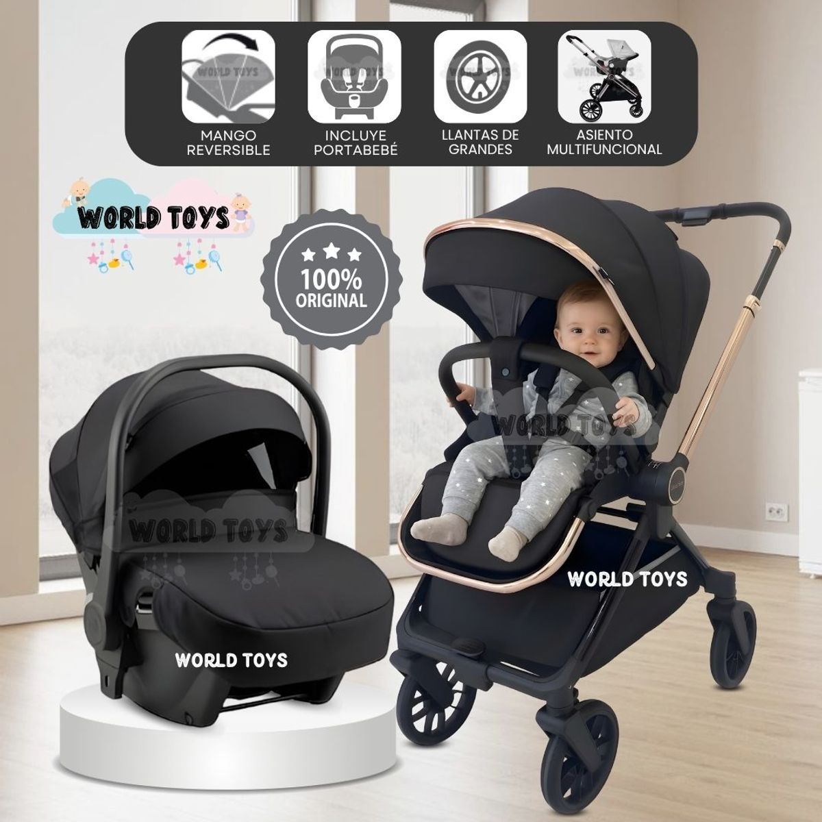 BABY - Coche Moisés Travel System «HELEN MIX» con Porta Bebé Black