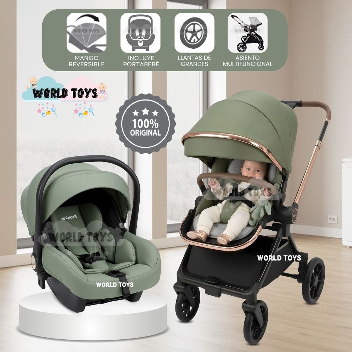 Baby - Coche Moisés Travel System «HELEN MIX» con Porta Bebé Green