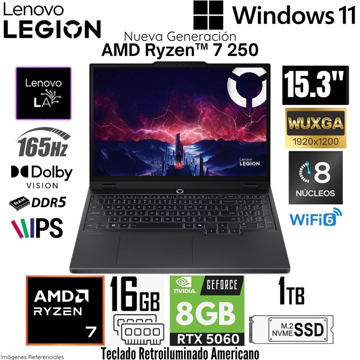 LENOVO - Laptop Lenovo Legion 5 15AHP10 AMD Ryzen 7 260 16GB RAM 1TB SSD RTX 5060-8GB 15.3"  WUXGA 165Hz