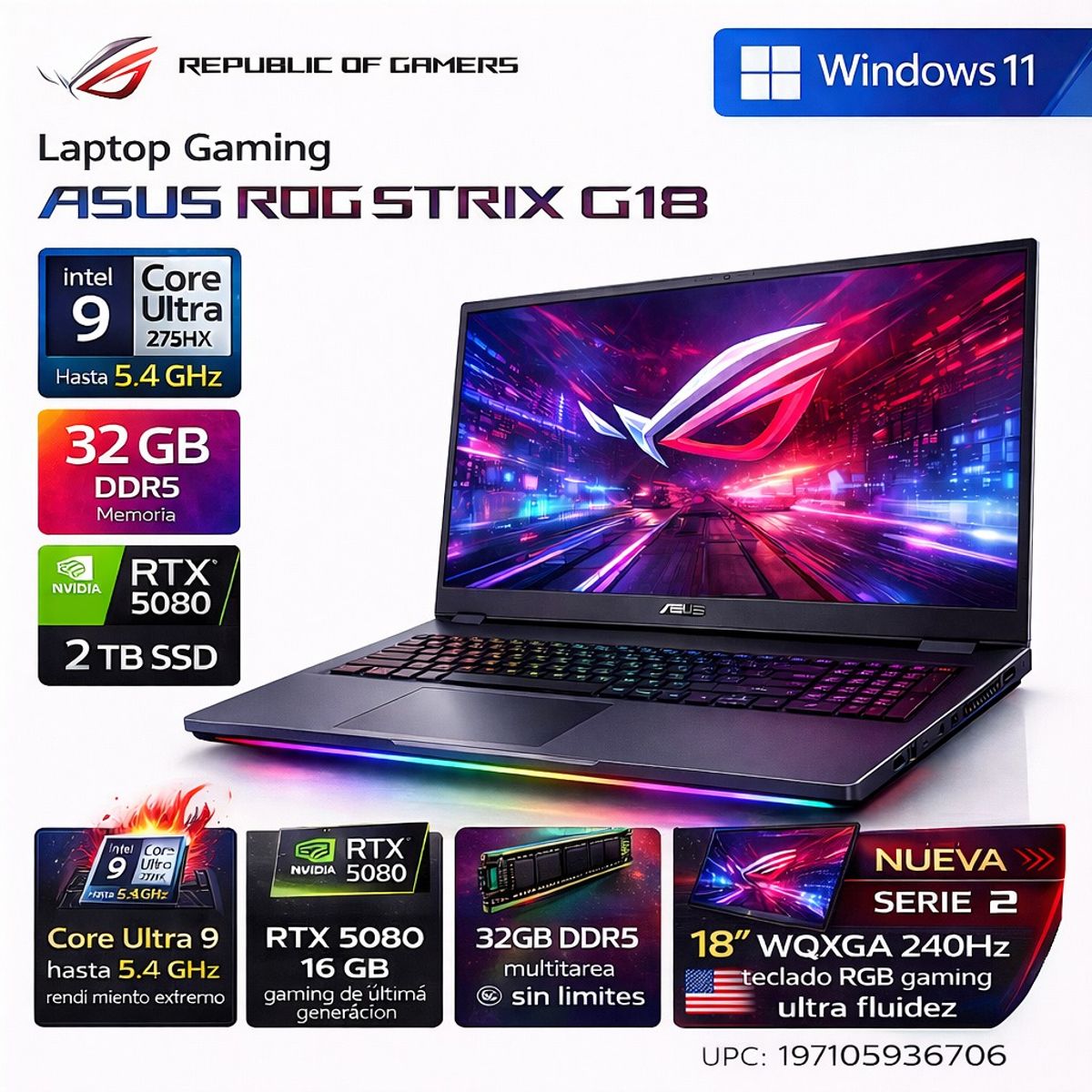 ASUS - Laptop ASUS ROG Strix G18 G815LW 18″ WQXGA 240Hz Core Ultra 9 275HX 32GB RAM 2TB SSD RTX 5080 16GB RGB W11