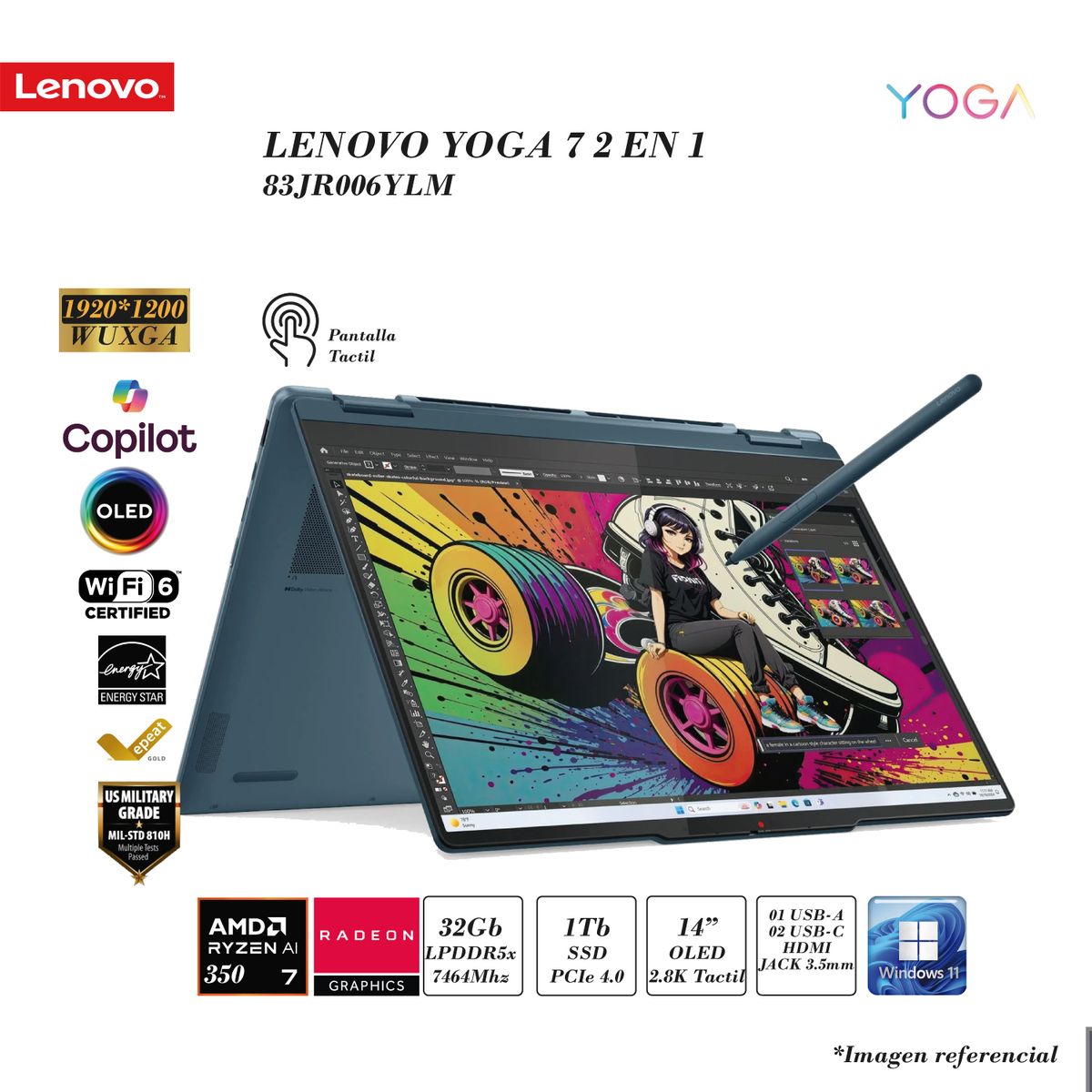 LENOVO - LENOVO YOGA 7 2-EN-1 RYZEN AI 7 350 32GB RAM DDR5 1TB SSD AMD RADEON 14 2.8K OLED TACTIL X360 FD