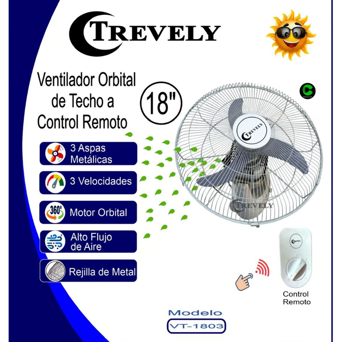 TREVELY - Ventilador De Techo Trevely Vt-1803 18 80 Watts 3 Aspas con control