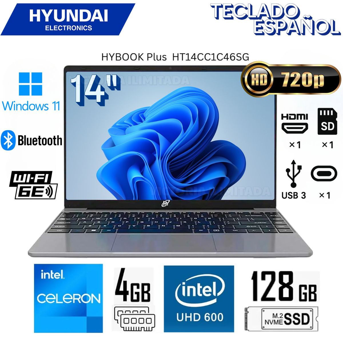 HYUNDAI - Laptop Hyundai Hybook Plus Intel Celeron N4020 4GB RAM 125GB SSD 14"  HD WIN 11 - Gris HT14CC1C46SG