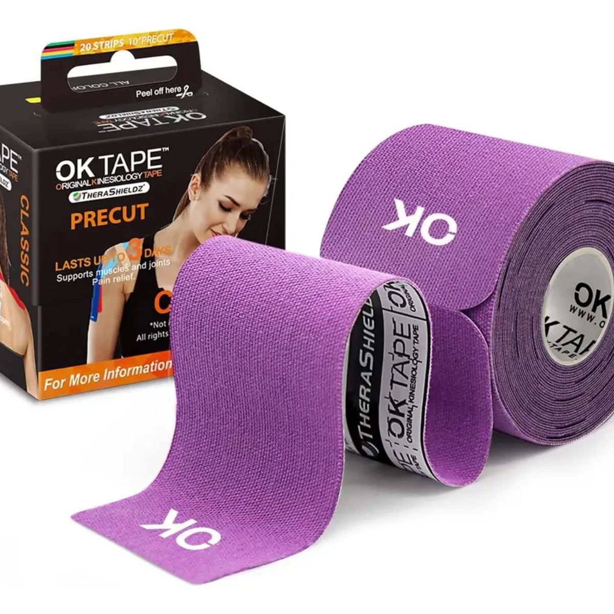 GENERICO - Ok Tape Clasic Kinesiotape, Venda Kinesiologica Violeta  (20 Tiras Precortadas)