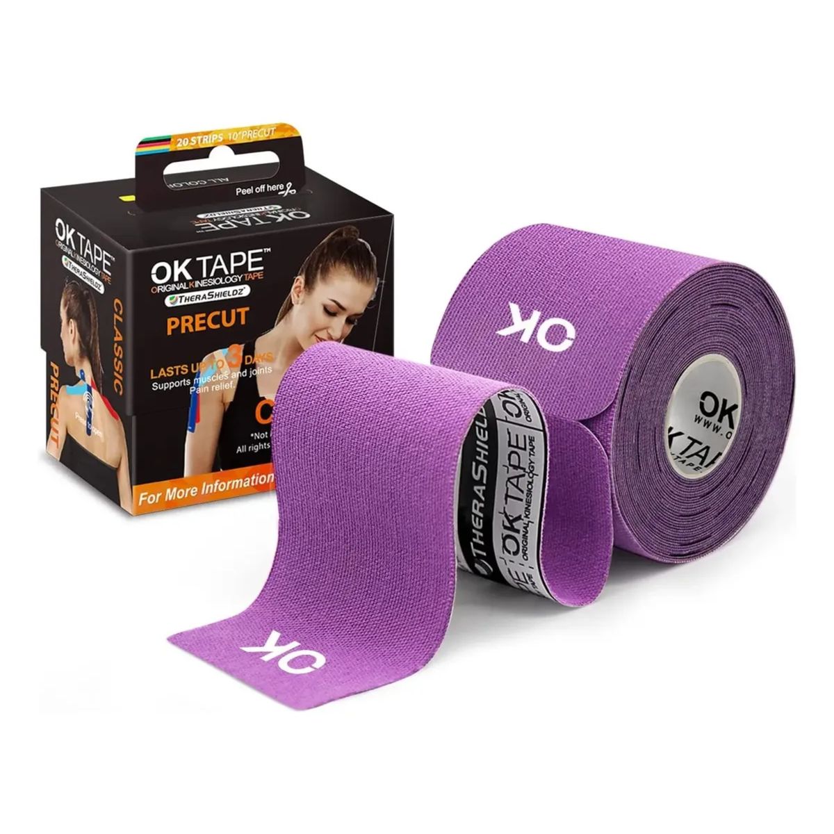 GENERICO - Ok Tape Clasic Kinesiotape, Venda Kinesiologica Violeta  (20 Tiras Precortadas)