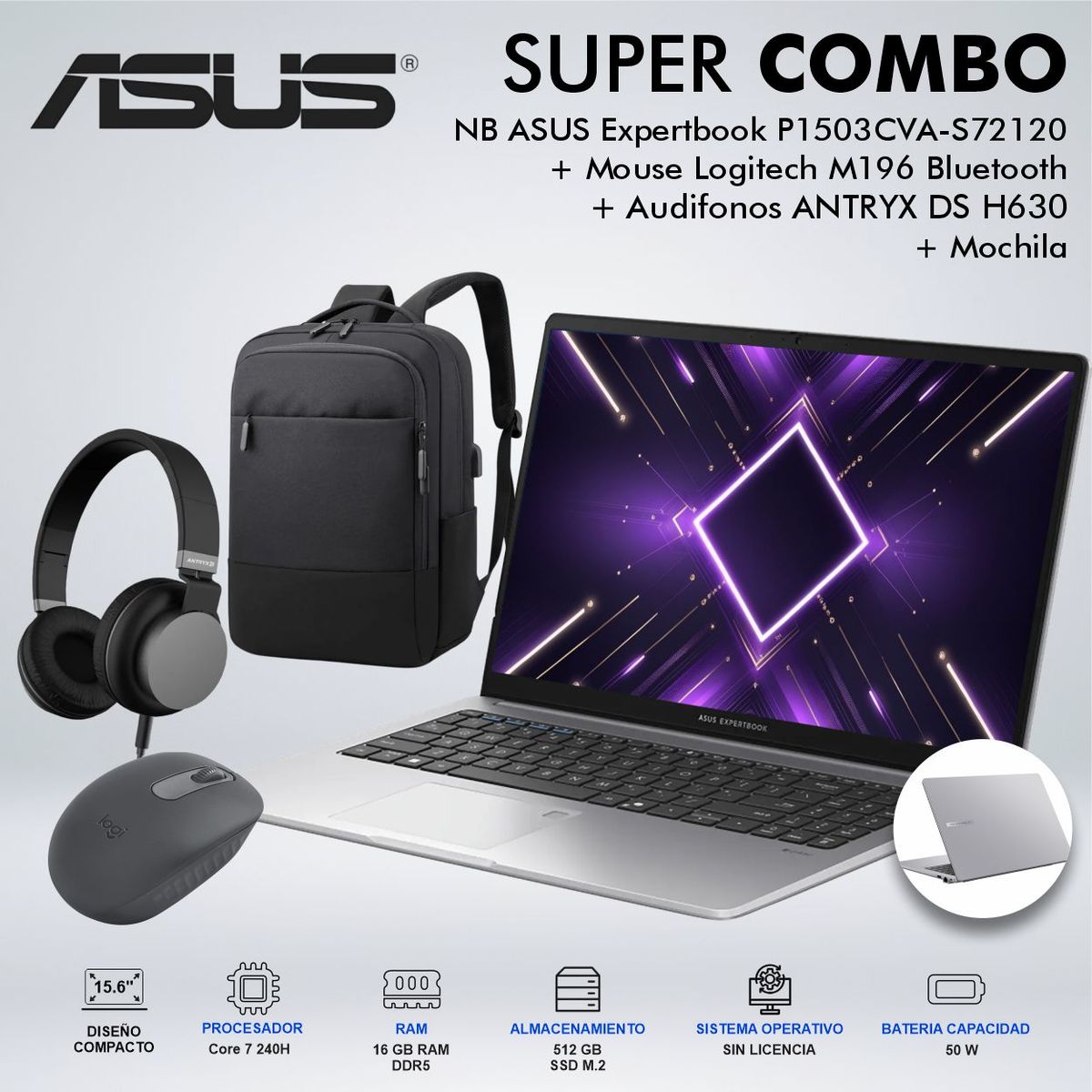 ASUS - LAPTOP ASUS EXPERTBOOK P1 INTEL CORE 7 240H MEMORIA 16GB DDR5 DISCO 512GB SSD M2