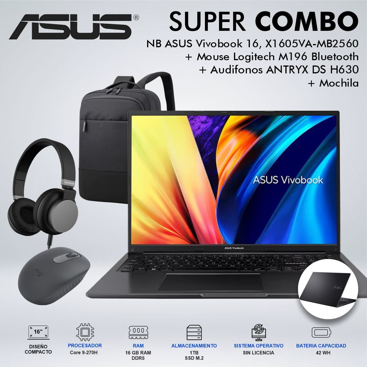 ASUS - LAPTOP ASUS VIVOBOOK 16 INTEL CORE 9 270H MEMORIA 16GB DDR5 DISCO 1TB SSD M2