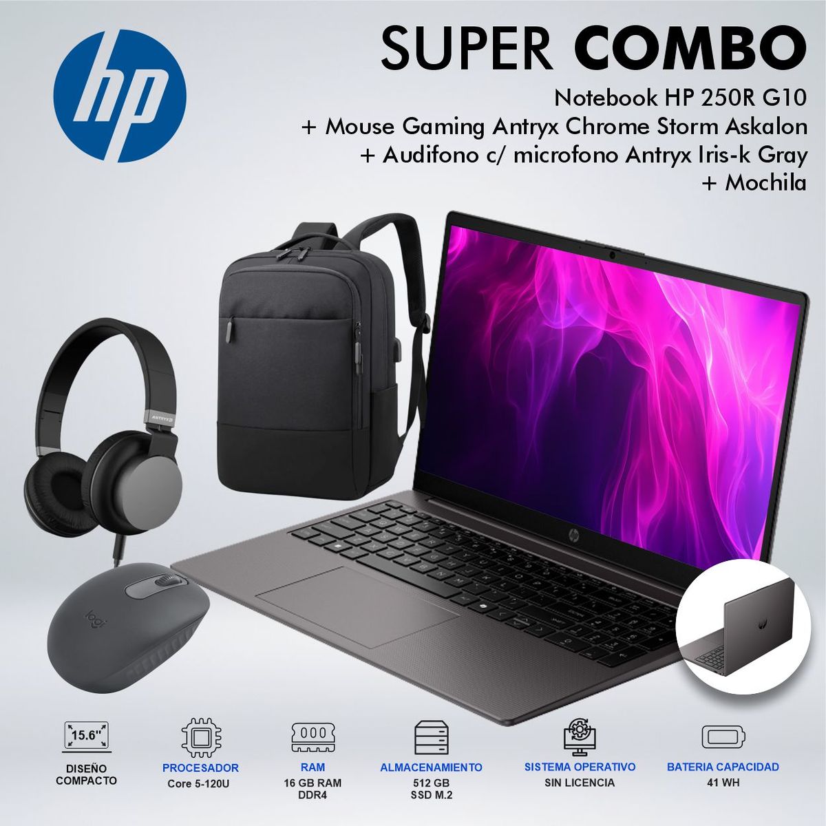 HP - LAPTOP HP 250R G10INTEL CORE 5 120U MEMORIA 16GB DDR4 DISCO 512 GB SSD M.2