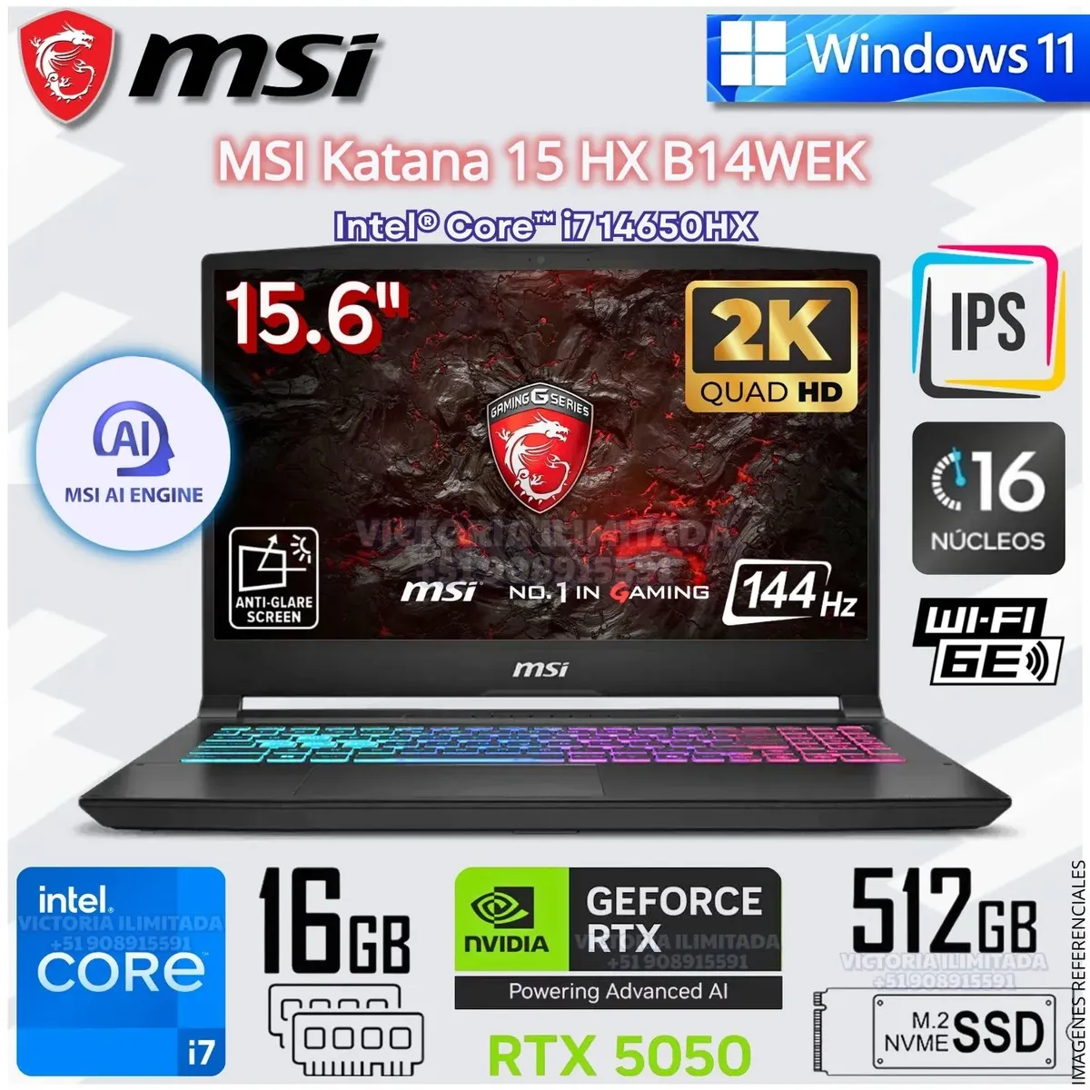 Msi - Laptop Gamer MSI KATANA 15 15.6" Intel® Core™ i7 14650HX 16GB RAM 512GB SSD GEFORCE RTX5050 B14WEK-001US Negro