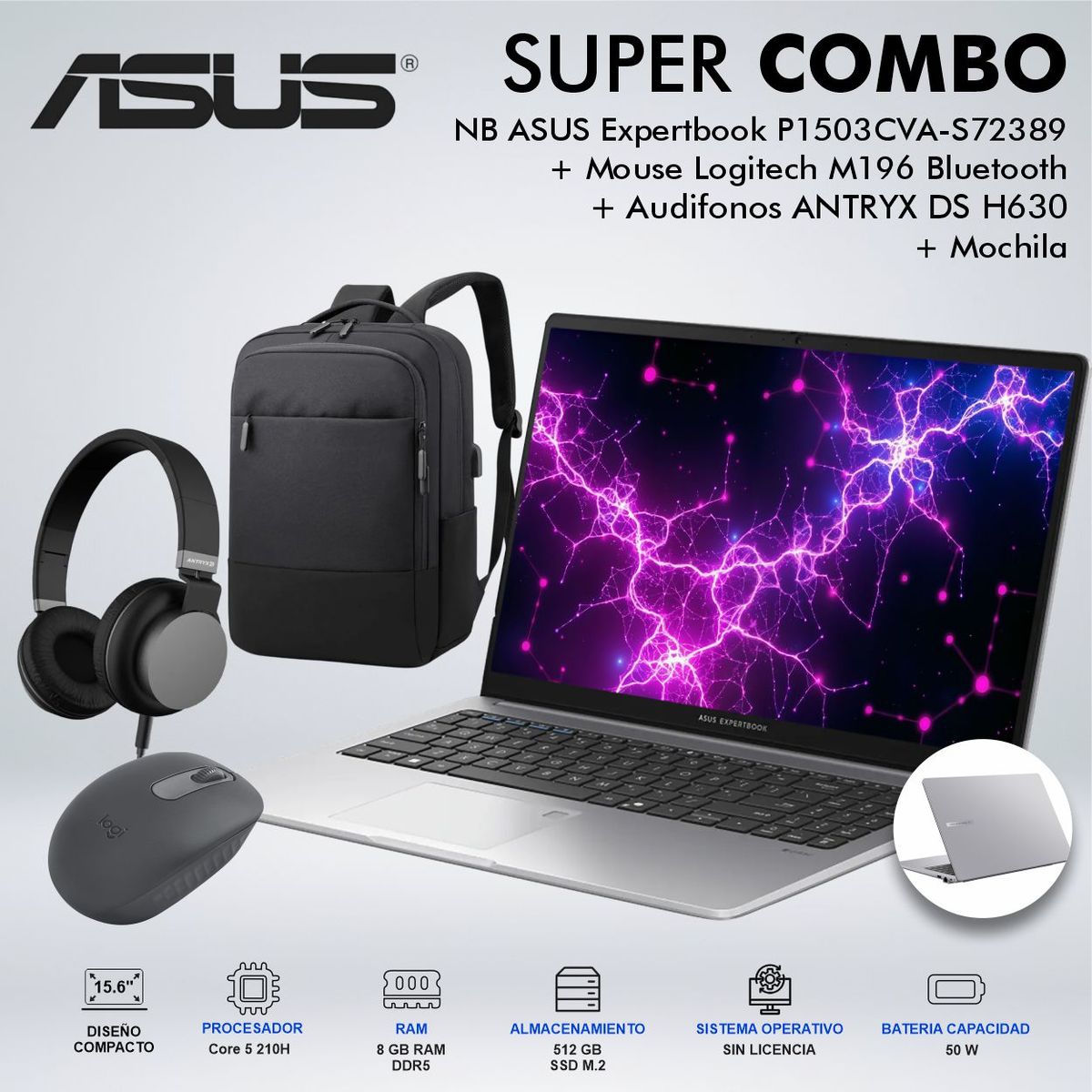 ASUS - LAPTOP ASUS EXPERTBOOK P1 INTEL CORE 5 210H MEMORIA 8GB DDR5 DISCO 512GB SSD M2