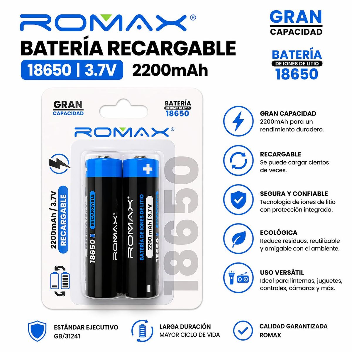Bateria Recargable de Litio ROMAX 18650 2200mAh 3.7v, marca GENERICO - Foto Principal