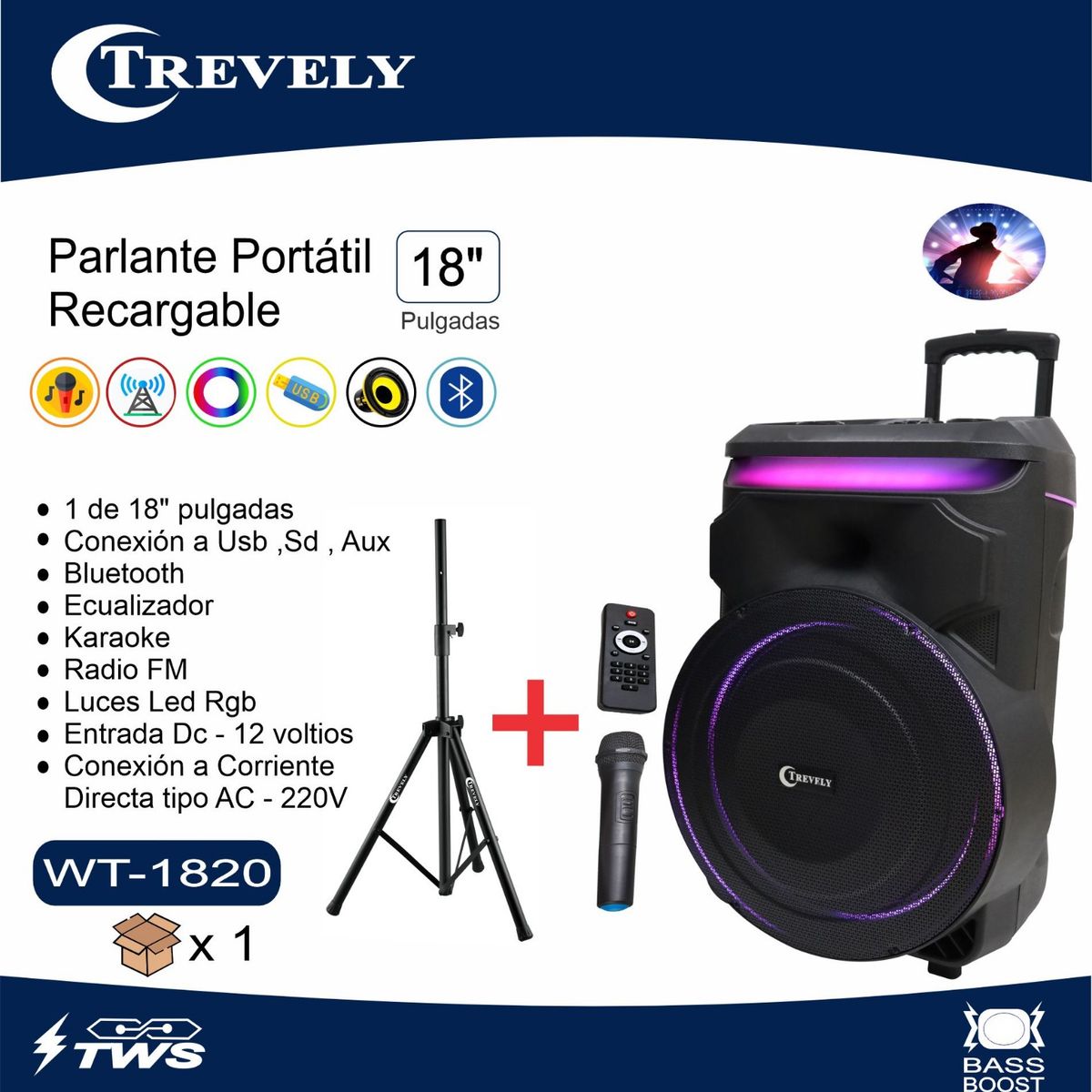 TREVELY - Parlante activo 18 TREVELY WT-1820 - bluetooth - 800W con t