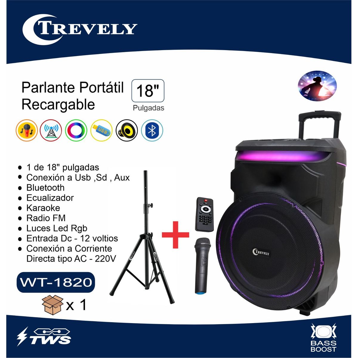 TREVELY - Parlante activo 18 TREVELY WT-1820 - bluetooth - 800W con t