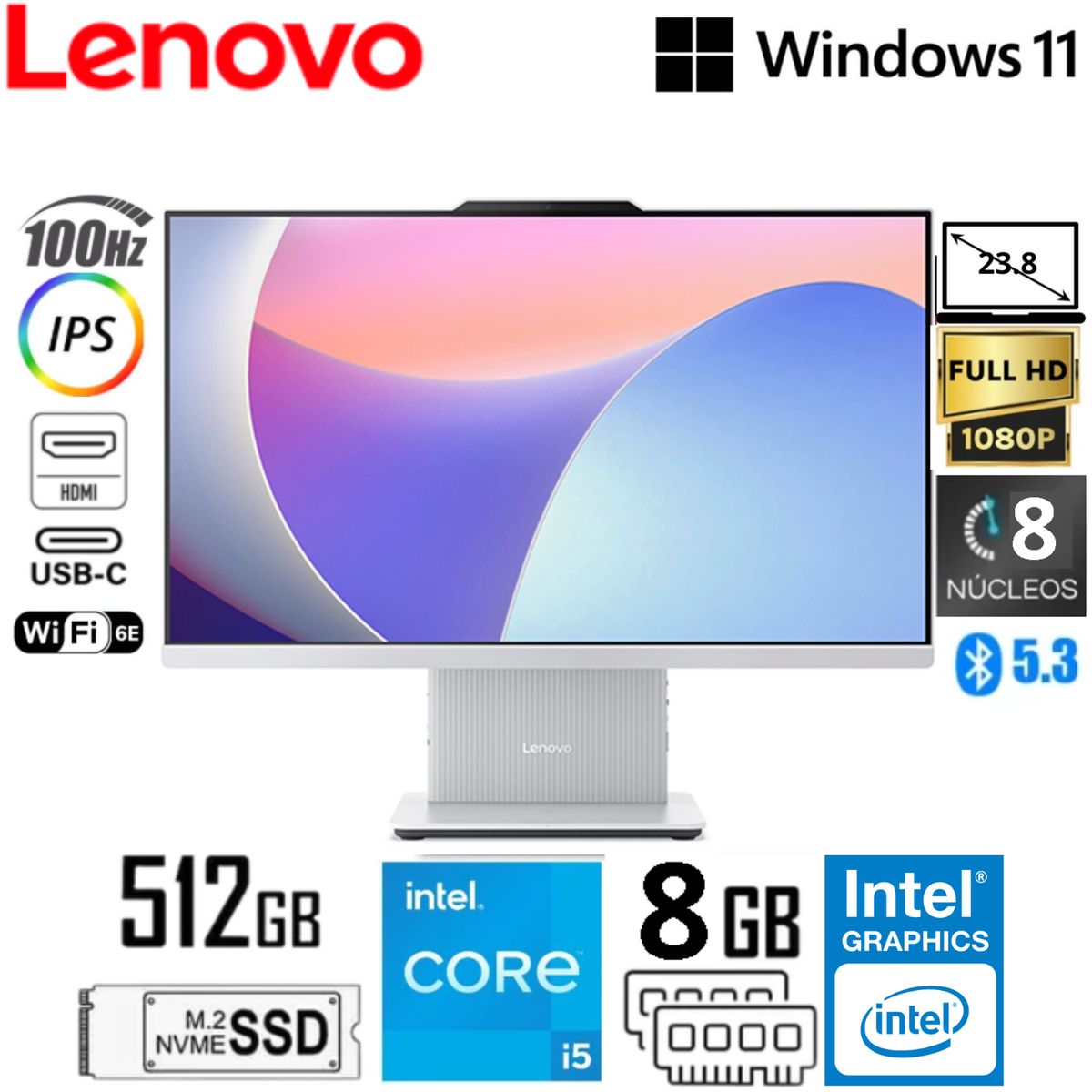 LENOVO - Computadora All-in-One Lenovo 23.8 FHD IPS Gris nube Core i5-13420H 8GB RAM 512GB SSD