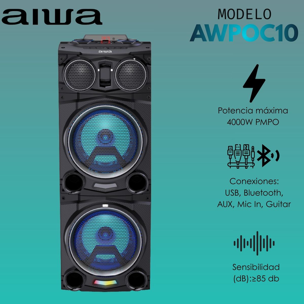 AIWA - Torre de Sonido Aiwa AWPOC10 CON LUCES RGB Y 2500 W PMPO