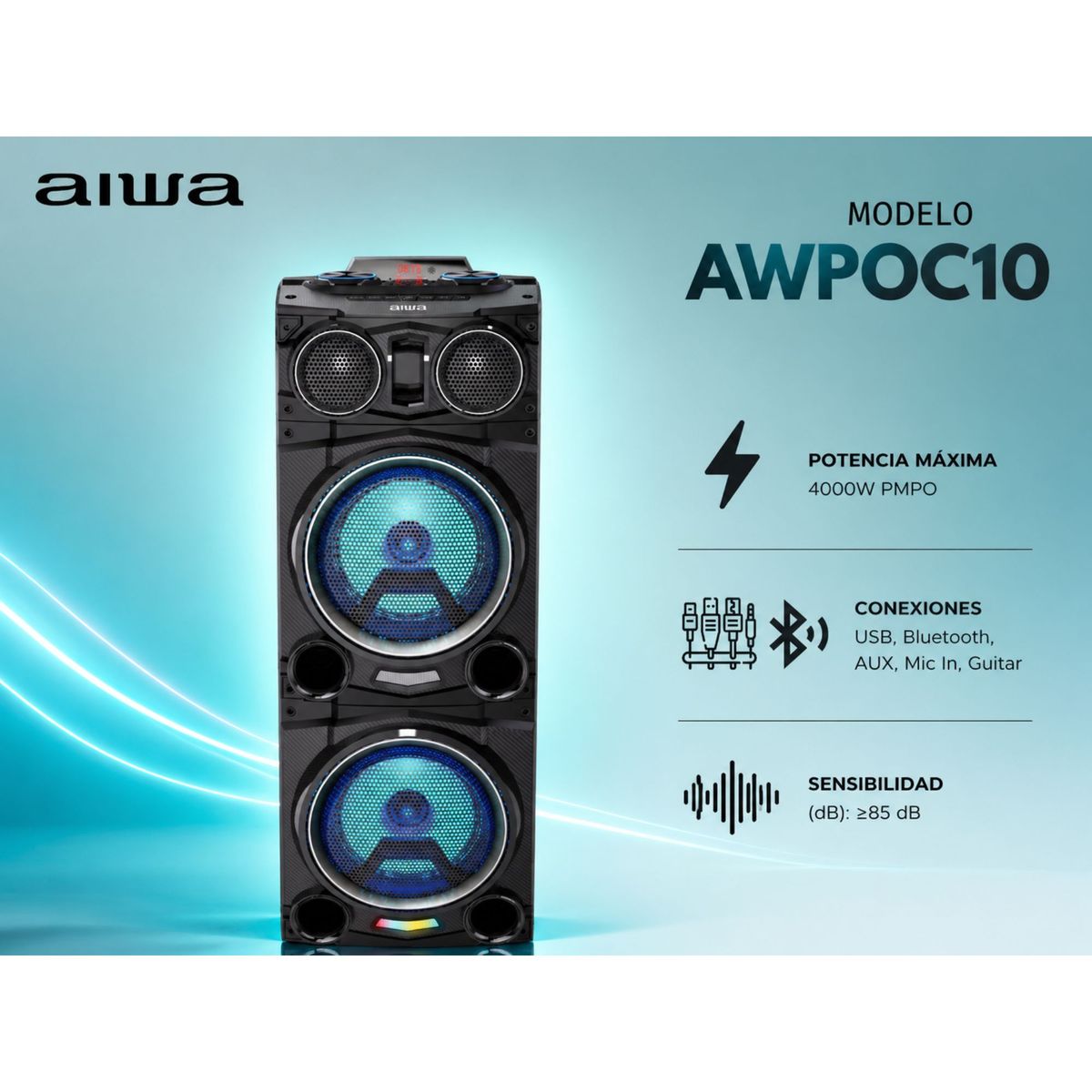 AIWA - Torre de Sonido Aiwa AWPOC10 CON LUCES RGB Y 2500 W PMPO