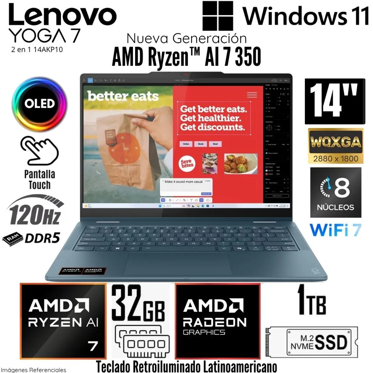 LENOVO - Laptop Lenovo Yoga 7 2 en 1 14AKP10 AMD Ryzen AI 7 350 32GB RAM 1TB SSD 14"  OLED 2.8K WQXGA TÁCTIL